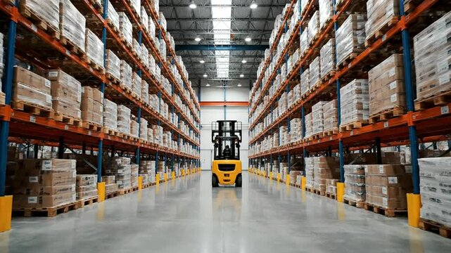 Forklift in Warehouse with Shelves and Boxes.