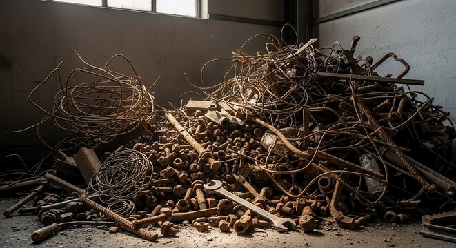 Large pile of rusty scrap metal hardware fills the corner of a dimly lit industrial space