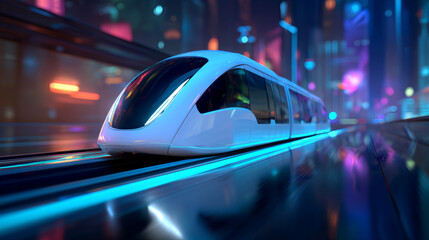Futuristic sleek white high-speed magnetic levitation train speeding through a vibrant neon-lit cyberpunk city at night