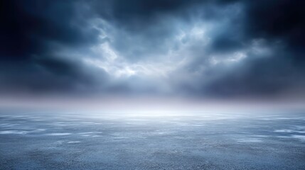 Fototapeta premium Dramatic Sky Over Calm Ocean Surface with Dark Clouds and Soft Blue Light Illuminating the Water at Dusk