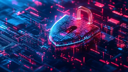 Illuminated digital padlock rests upon a glowing electronic circuit board background