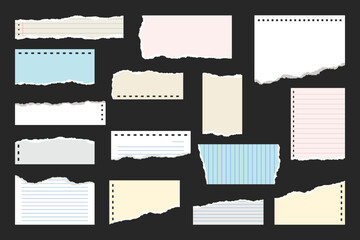 Colored ripped lined paper strips collection. Realistic paper scraps with torn edges. Sticky notes, shreds of notebook pages. Vector illustration.