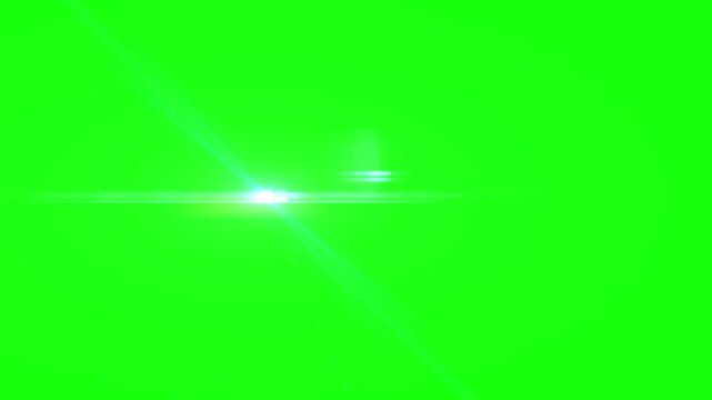 Bright cinematic lens flare effect emanating horizontally across a vibrant chroma key green screen background providing excellent visual element for creative video post production and digital art 