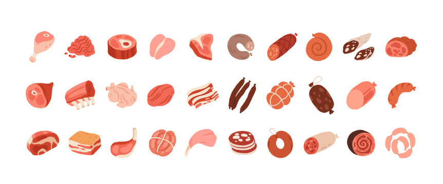 Vector icon set of steak, salami, chorizo, bbq frankfurters sausages, pepperoni. Fresh meat products. Culinary, raw pork, beef steaks, chicken, turkey, bacon, pork belly, ham, poultry, ribs.