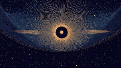 Artistic depiction of a celestial event with radiating golden rays and cosmic elements