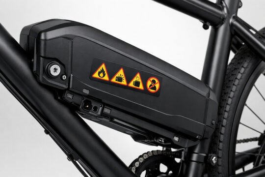 Electric bike battery pack features warning symbols for fire, overheating, and toxic substances, mounted securely on the bicycle frame with a sleek design