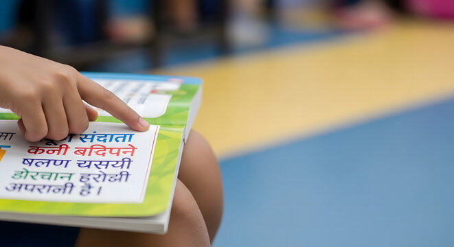 Child's hand pointing at Devanagari script text printed in a col