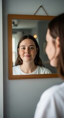 Obraz premium Young woman observes her reflection in a framed wall mirror with a gentle smile