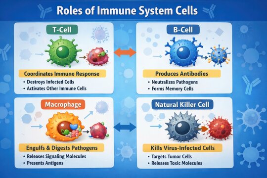 Colorful illustration showing roles of immune system cells like T-cells, B-cells, macrophages, and natural killer cells with labeled functions and interactions