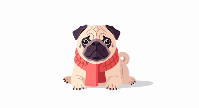 Adorable pug wearing a cozy red scarf, sitting patiently