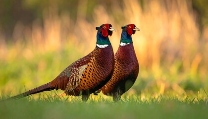 Fototapeta premium Two colorful pheasants standing side by side in grass