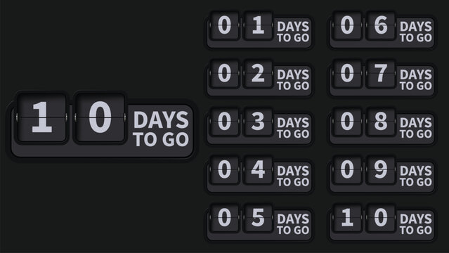 Countdown timer with flip clock numbers showing days remaining until an event, sale or holiday with a dark background.