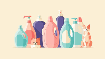 Plakat Assortment of cleaning liquids and two cute pets