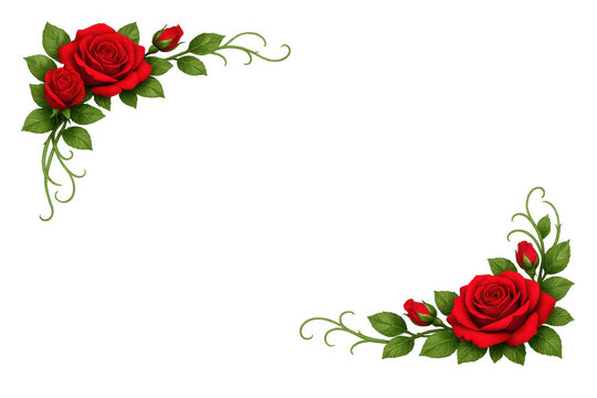 Red rose floral border creating a romantic corner frame with green leaves and curly stems, transparent background