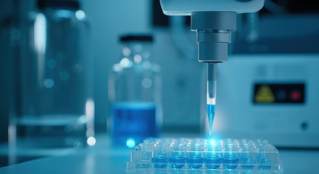 Robotic arm dispensing liquid in a lab
