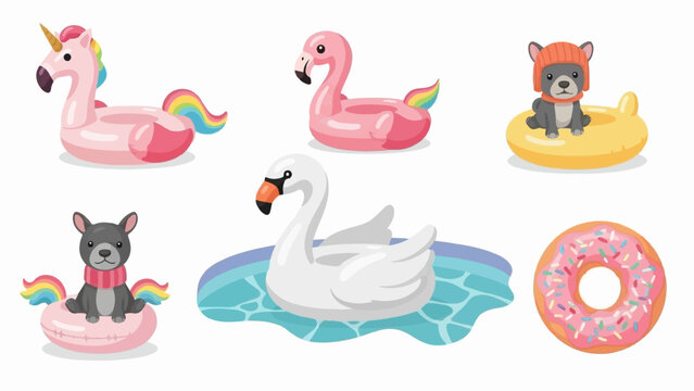 Cartoon inflatable pool floats and a dog in summer fun