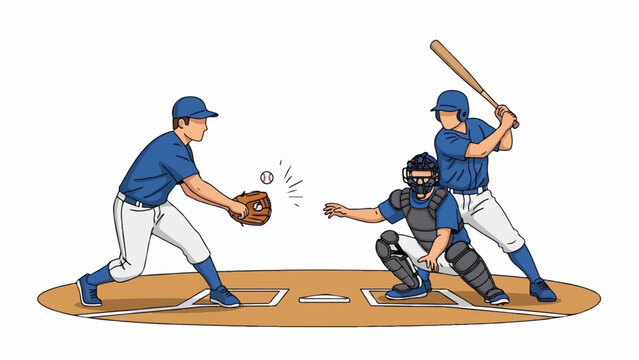 Baseball game action pitcher throws to batter, catcher waits