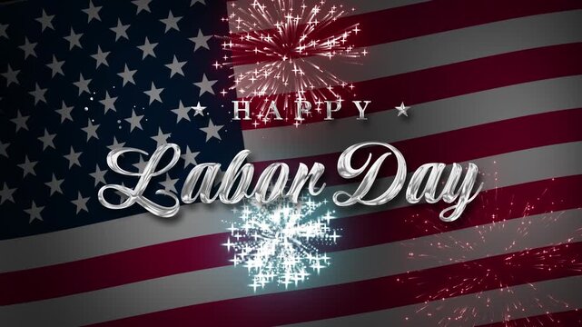 Happy labor Day text on a waving American flag with fireworks. 4K resolution