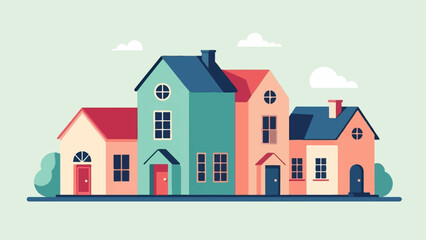 Fototapeta premium Colorful cartoon houses line a street with bushes and clouds