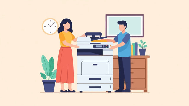 Colleagues use a modern office copier with plants, clock, and shelves