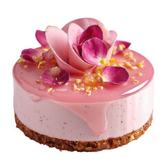 Pink cake with rose decoration and a glossy glaze, presented elegantly