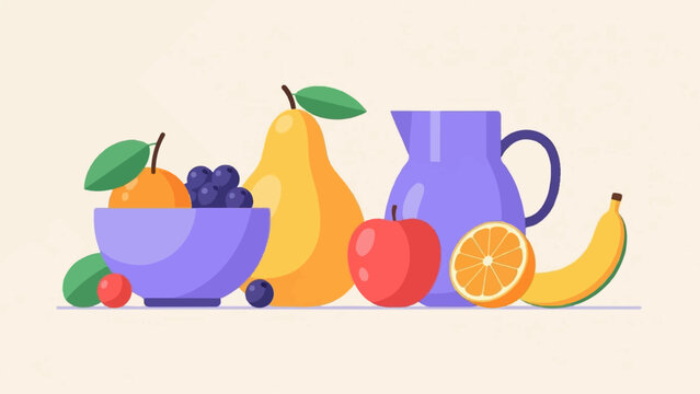 Colorful still life illustration of assorted fruits and a purple pitcher