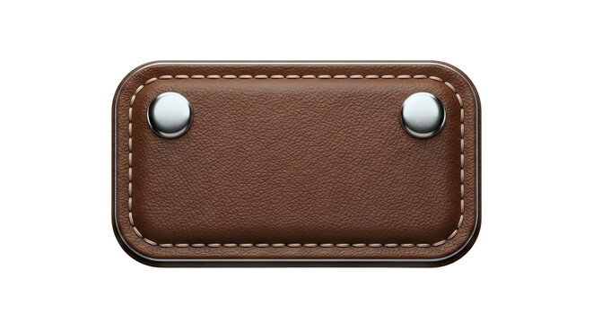 Brown Leather Rectangle with Two Silver Rivets and Stitching