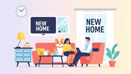 Plakat Couple and pets settling into a new home, one on laptop, TV displays same message