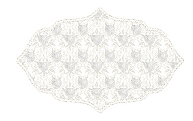 Beautiful floral lace label badge shape vintage element ornament, off white color, isolated with transparent background.