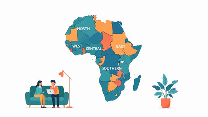 Obraz premium Colorful Africa map with people on couch, plant, and lamp