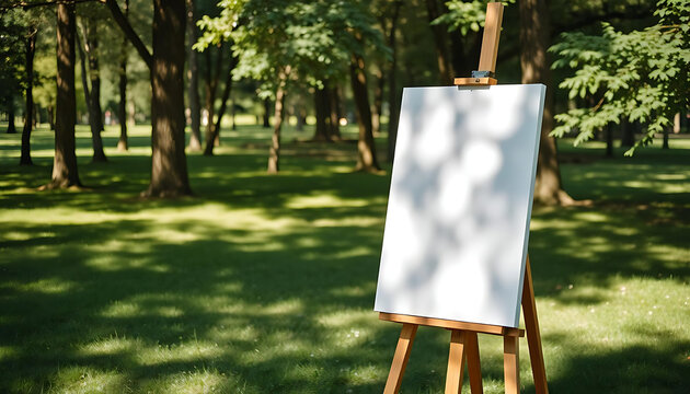 An easel in park with a blank white canvas, sunlit trees casting dappled shadows, suggesting an impromptu outdoor painting session or art class; 4K and HD