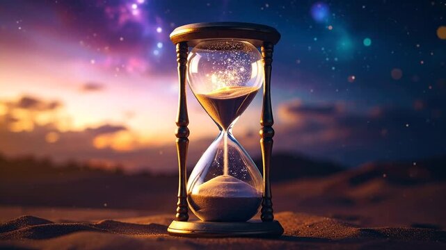 A detailed image of an hourglass, with flowing sand. A celestial sky and desert landscape form a backdrop