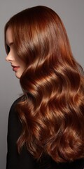 Fototapeta premium Woman showcasing beautiful long red wavy hair