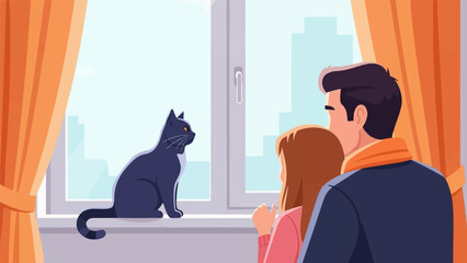 Obraz na płótnie Canvas Couple and cat by window looking at cityscape