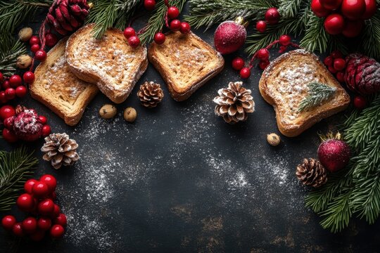 Assorted croissants on a festive Christmas food background.
