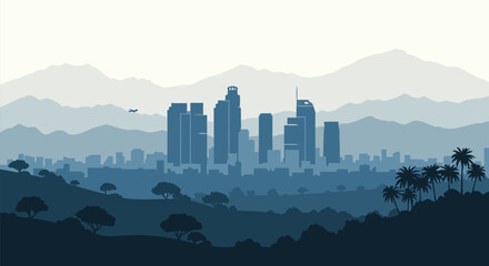 Los Angeles cityscape vector illustration with mountains and palm trees, a serene urban landscape © PDWN Creative