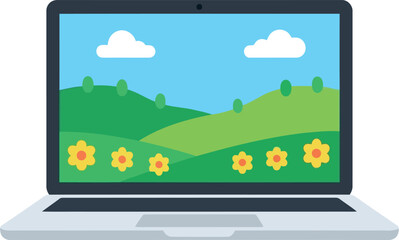 Fototapeta premium Flat Vector Laptop with Spring Landscape and Flowers on Screen for Nature and Technology Concepts