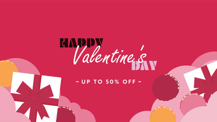 プレゼントボックスとマカロンで飾られたハッピーバレンタインの広告背景テンプレート（ピンク）　Happy Valentine's Day ad background template decorated with gift boxes and macarons (pink)