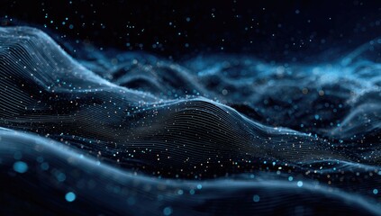 Abstract, wavy, and layered visualization of digital particles, in shades of blue and gold