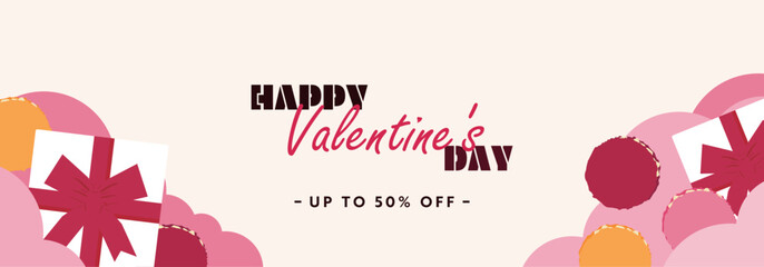 プレゼントボックスとマカロンで飾られたハッピーバレンタインの広告バナー背景テンプレート（白）　Happy Valentine's Day ad banner background template decorated with gift boxes and macarons (white)