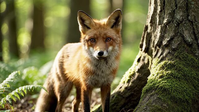 Red fox in forest near tree