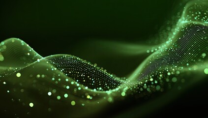 Flowing, abstract emerald green digital wave with scattered, shimmering particles