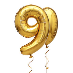 Golden Foil Number 9 Balloon Isolated on White Background PNG