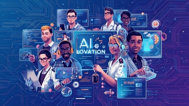 A professional team of business people uses digital technology and global internet screens to foster a social network concept connecting a virtual group for successful communication