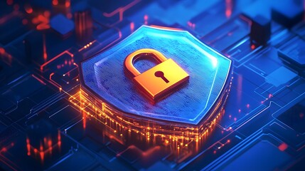 Glowing digital shield protecting a golden padlock rests upon an illuminated electronic circuit board