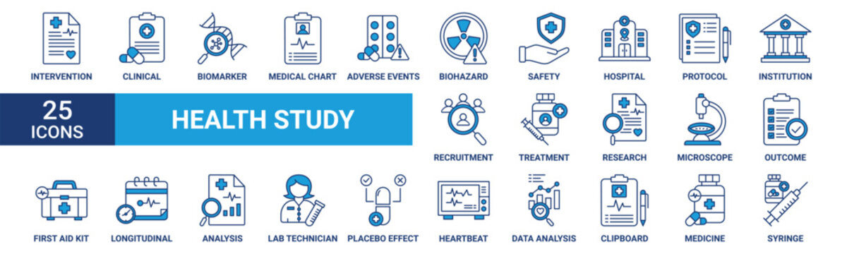 Health study icon set. Containing intervention, clinical, biomarker, medical chart, adverse events, biohazard sign, safety and more. Blue vector icons collection.