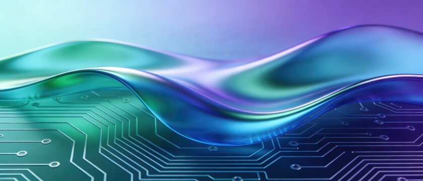 Circuit board patterns are overlaid on a liquid-textured background with purple-blue-green gradients, creating a visual effect with both technological and dreamy vibes, making it a background material