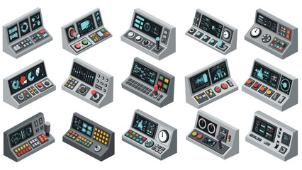 Large assortment of futuristic control panels and dashboard consoles with various screens, buttons, and switches in an isometric view.