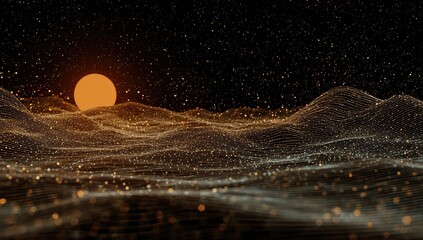 A celestial landscape with glowing waves and an orb against a starry black sky