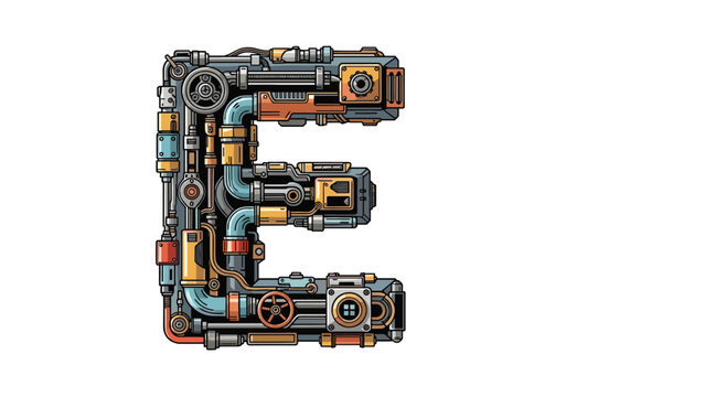 Letter E constructed from various industrial mechanical parts like pipes, gears, valves, and wires in a steampunk or sci-fi style.